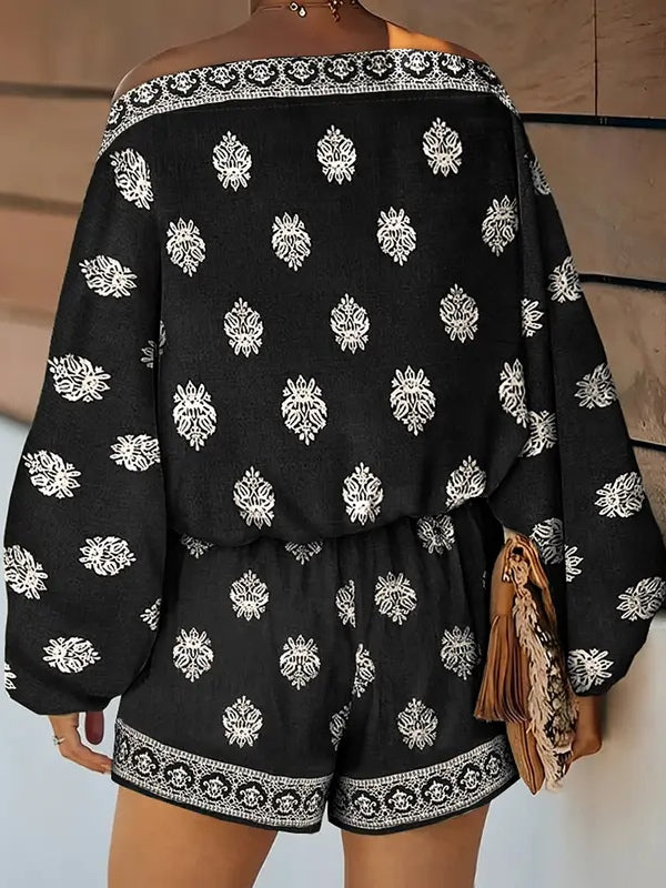 Baroque Print Off-Shoulder Lantern Sleeve Shorts Jumpsuit