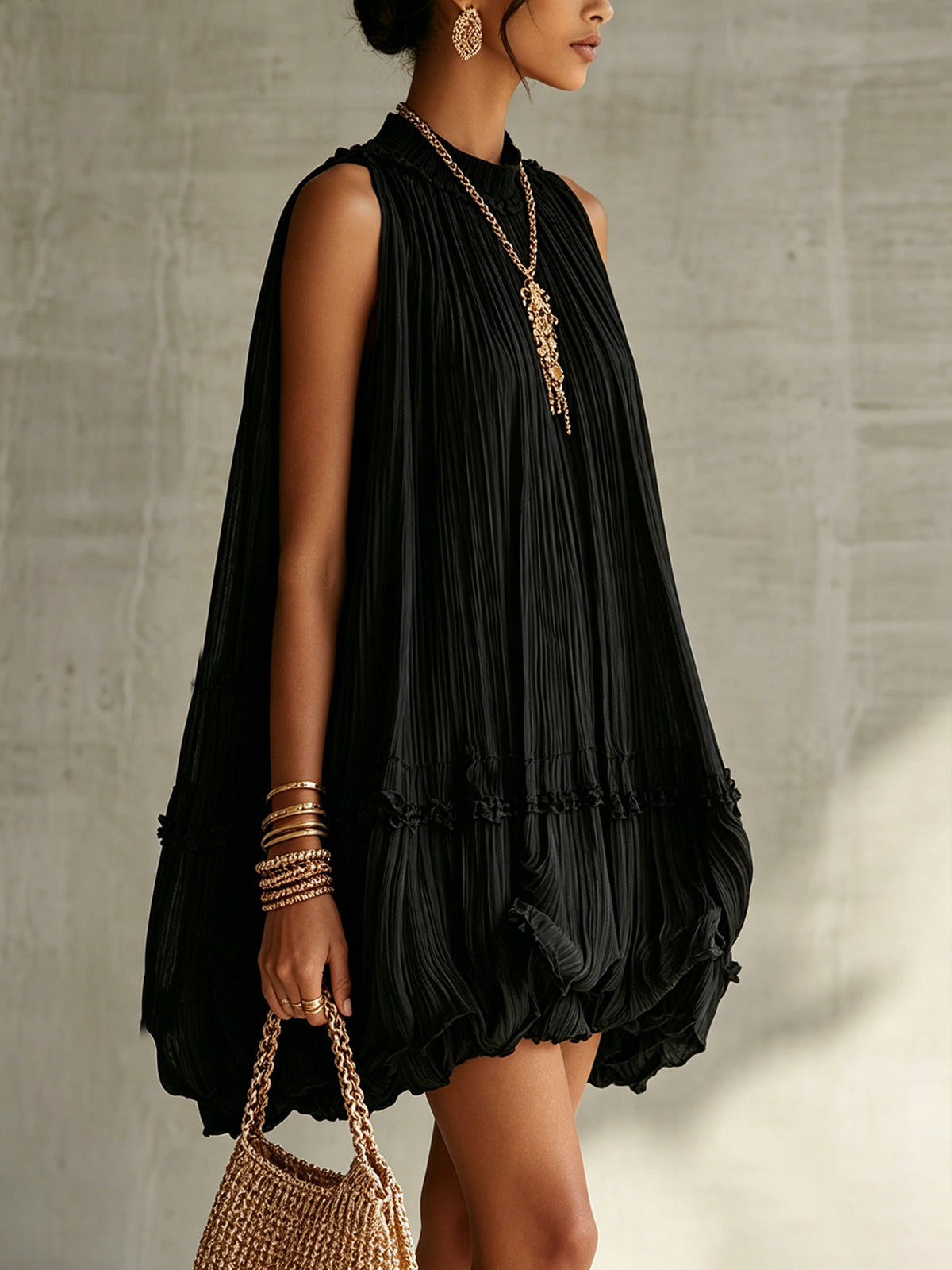 Black Halter Neck Ruffled Chiffon Bubble Mini Dress
