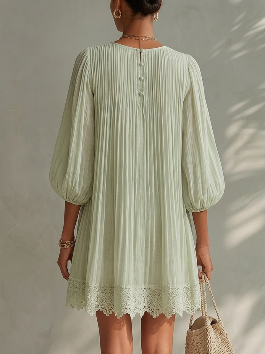 Light Green Ppleated Chiffon Lantern Sleeve Lace Mini Dress