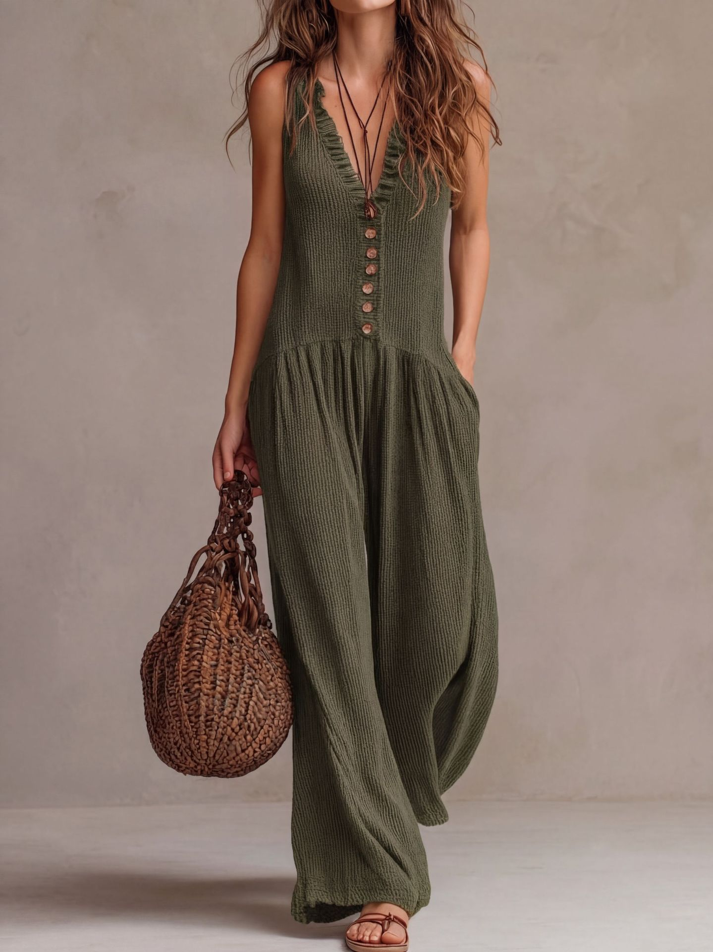 Retro Ruffled V-neck Wide-leg Jumpsuit