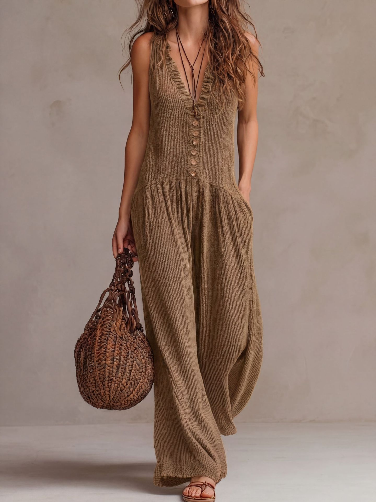 Retro Ruffled V-neck Wide-leg Jumpsuit