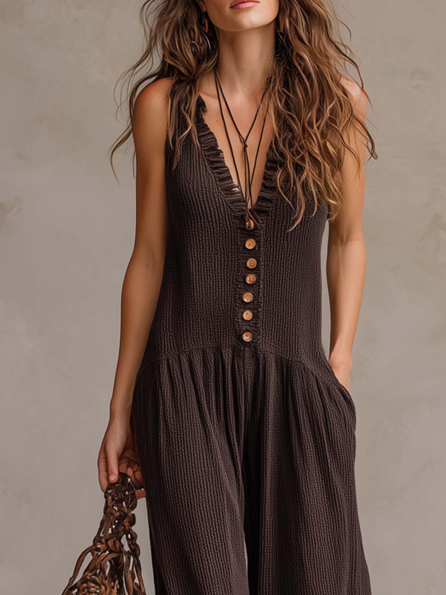 Retro Ruffled V-neck Wide-leg Jumpsuit