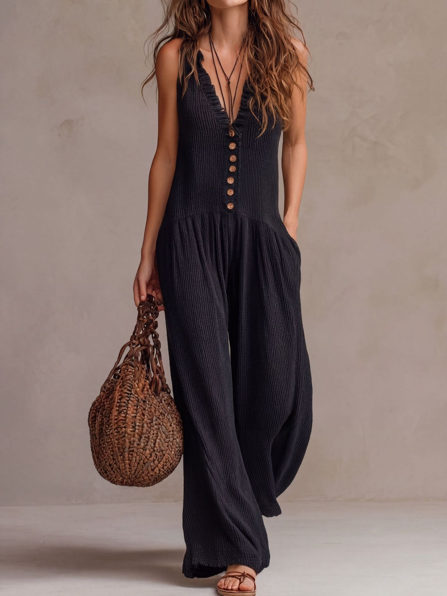 Retro Ruffled V-neck Wide-leg Jumpsuit