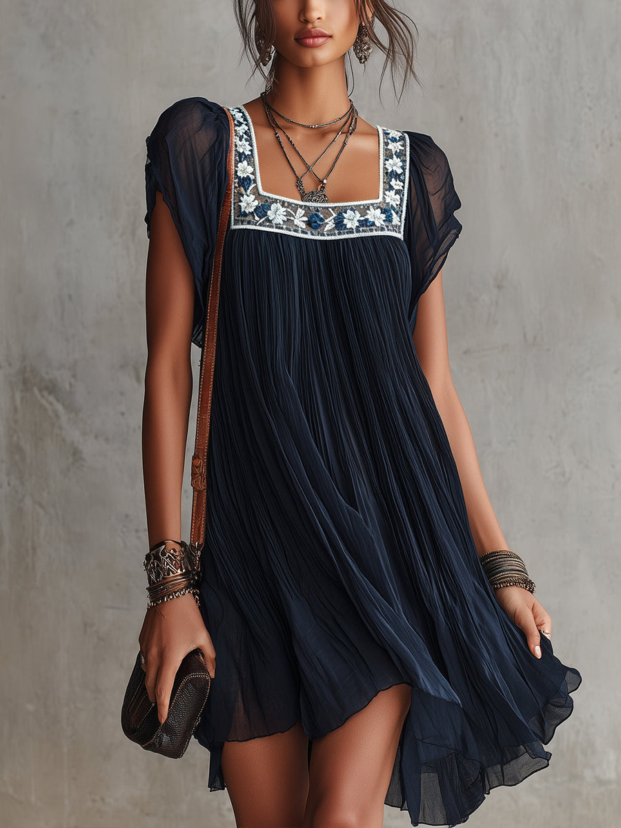 Navy Blue Floral Embroidered Pleated Chiffon Mini Dress