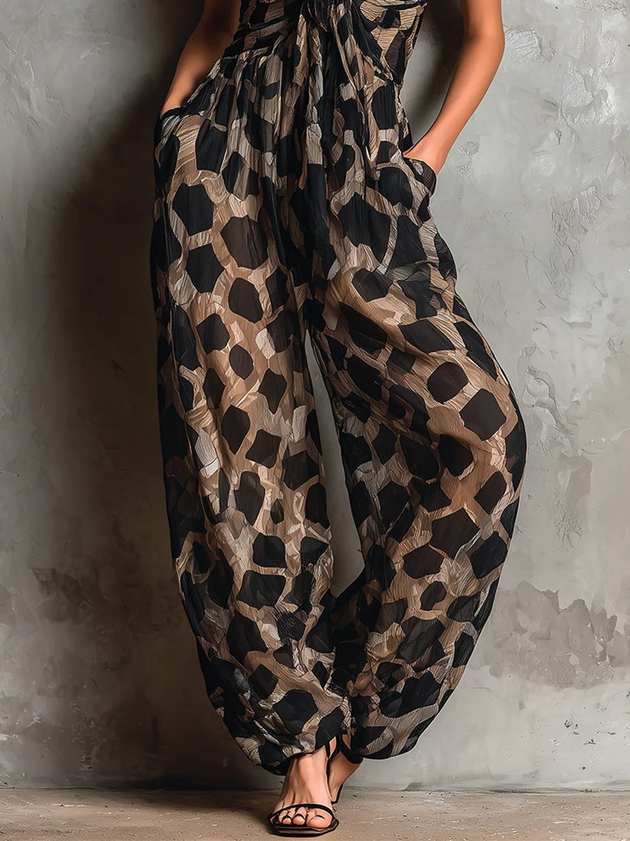 Black Animal Print Halter-neck Loose-fitting Chiffon Wide-leg Jumpsuit