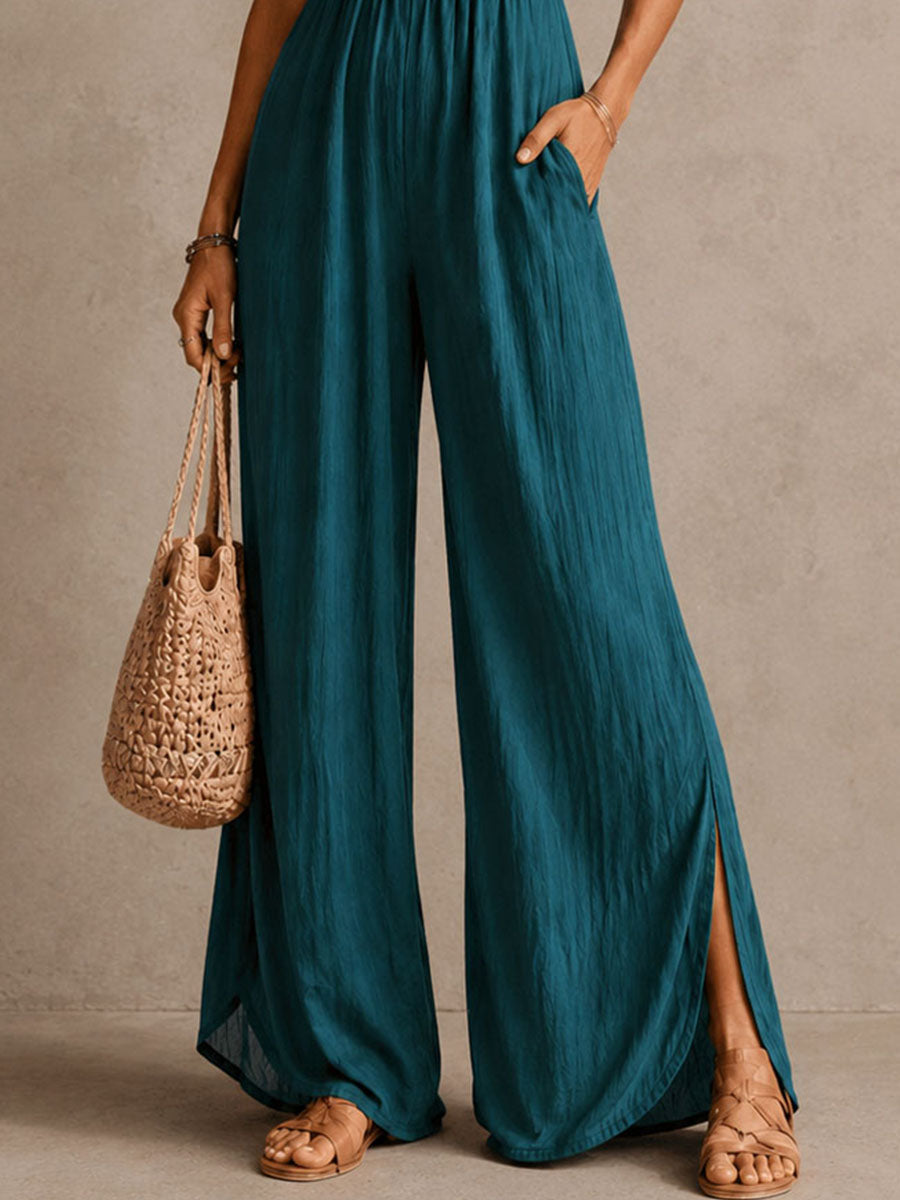 Bohemian Blue-green Lace-trimmed Slit Wide-leg Jumpsuit