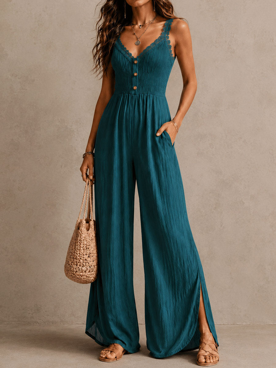 Bohemian Blue-green Lace-trimmed Slit Wide-leg Jumpsuit