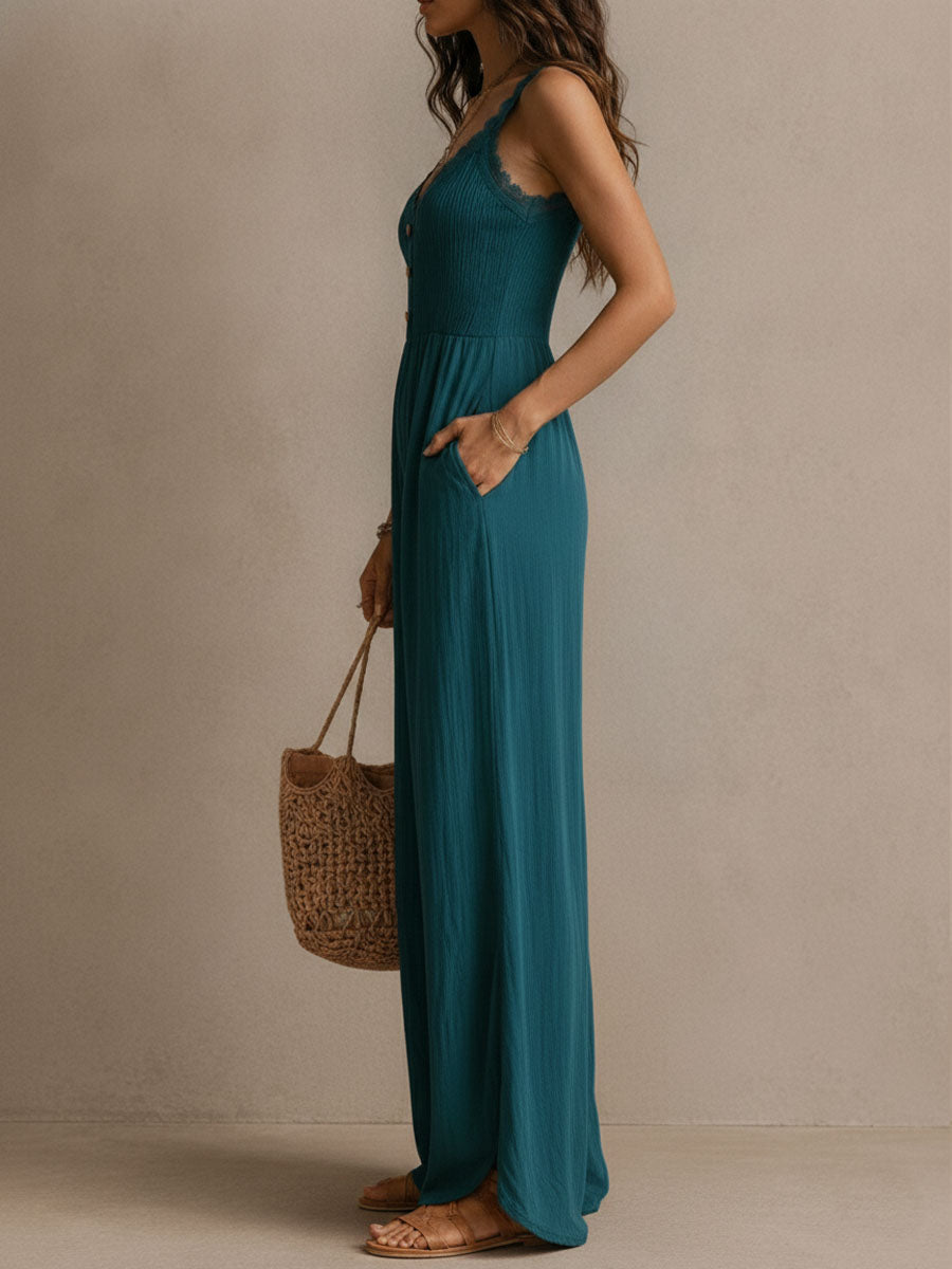 Bohemian Blue-green Lace-trimmed Slit Wide-leg Jumpsuit