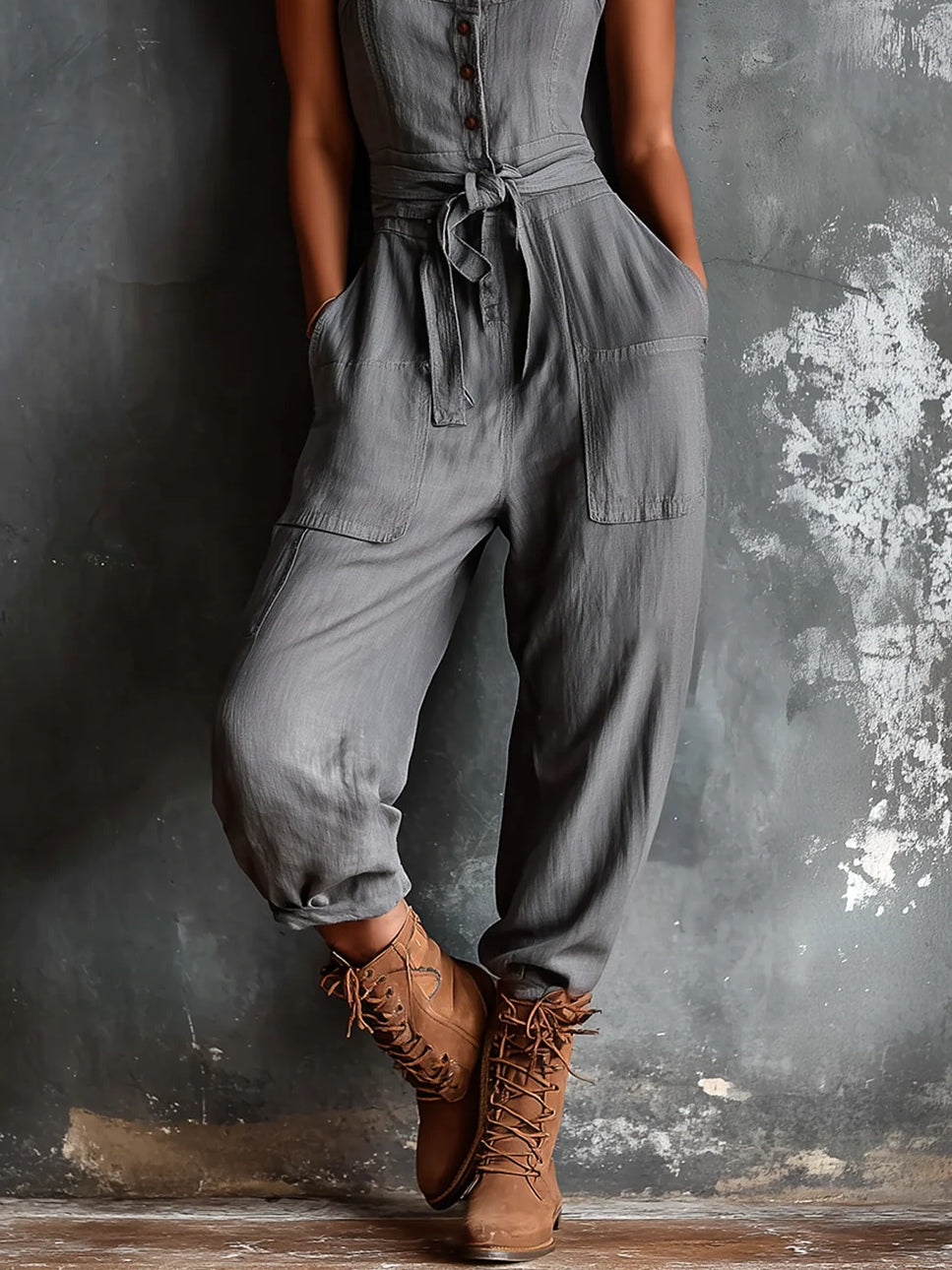 Gray Suspender Square Neck Button Front Placket Belted Jumpsuit
