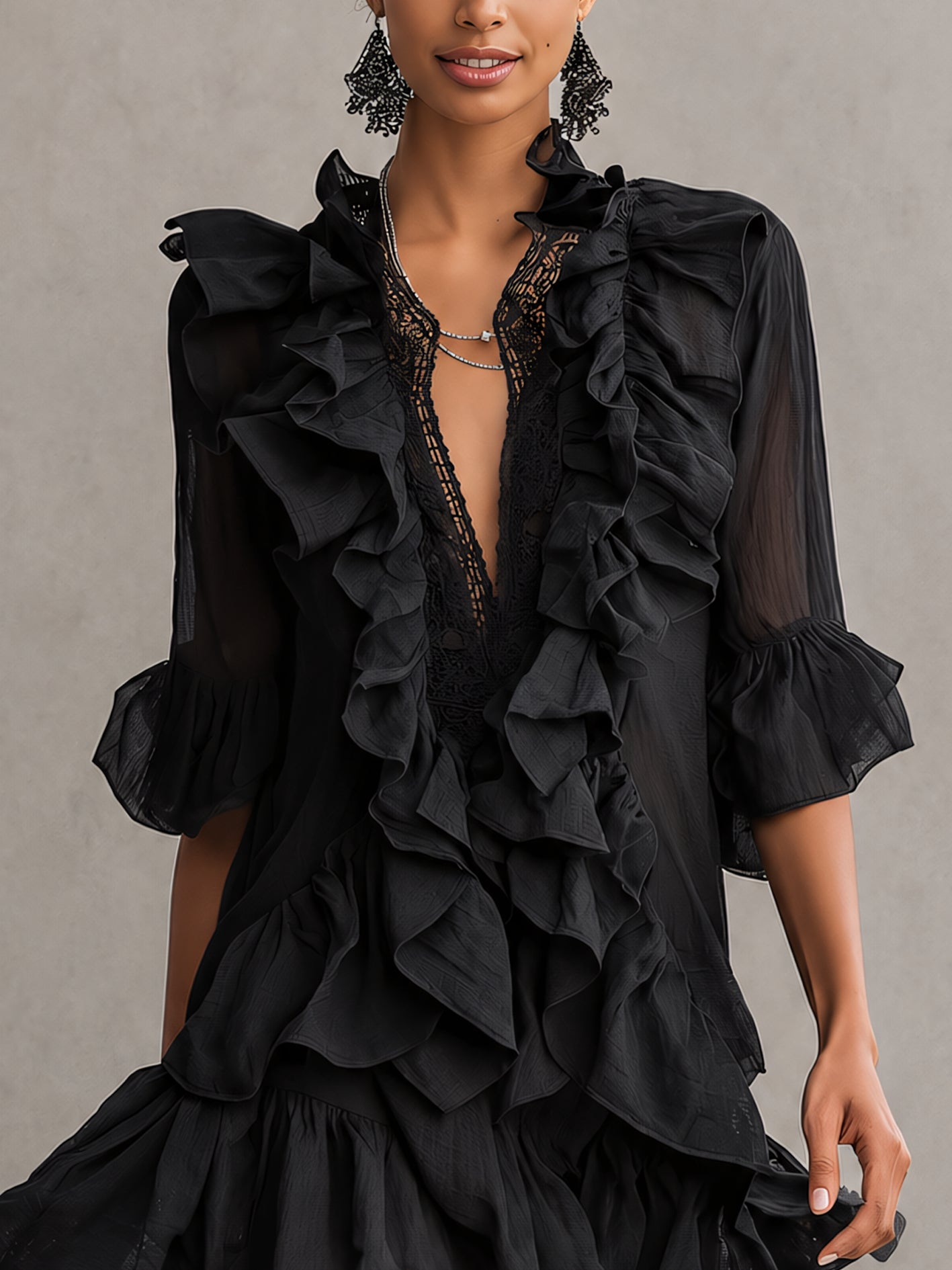 Black Ruffled Chiffon Lace Mini Dress