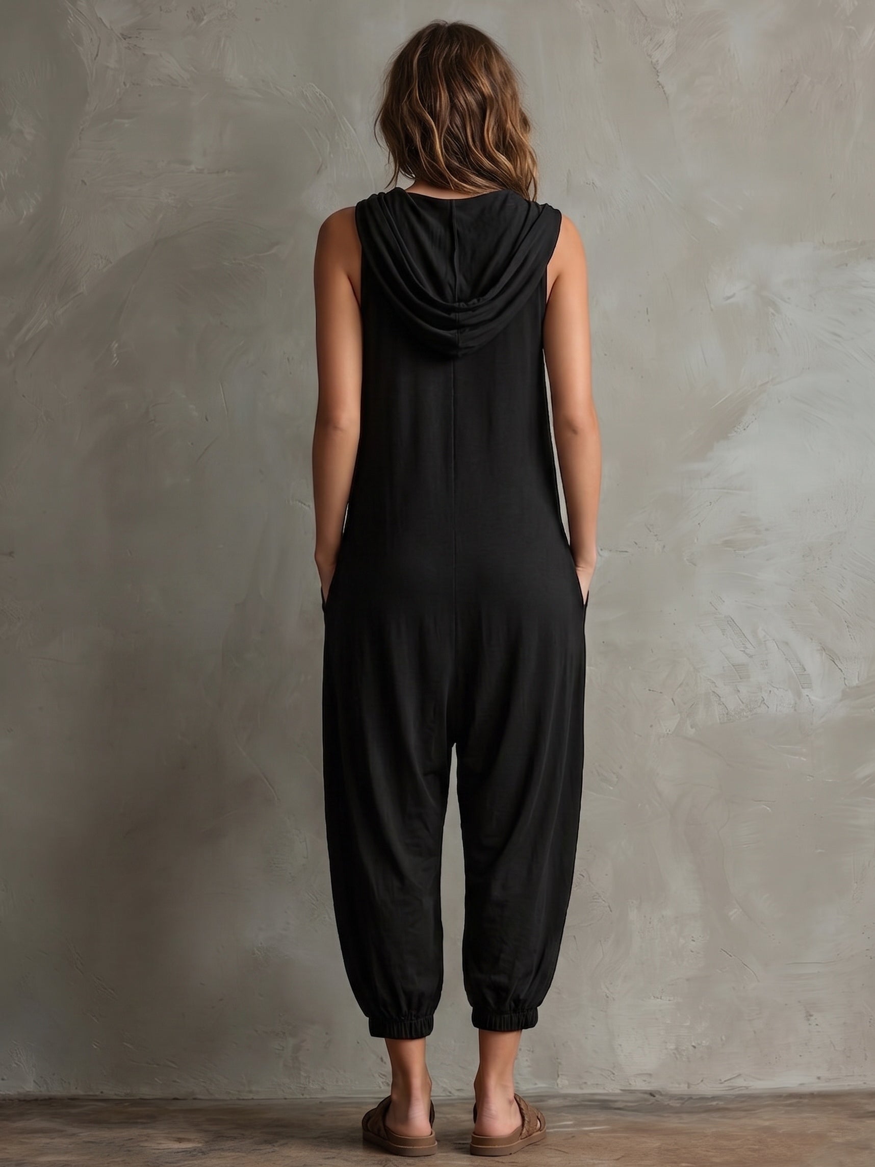 Black Casual Sleeveless Hooded Loose Lantern Jumpsuit