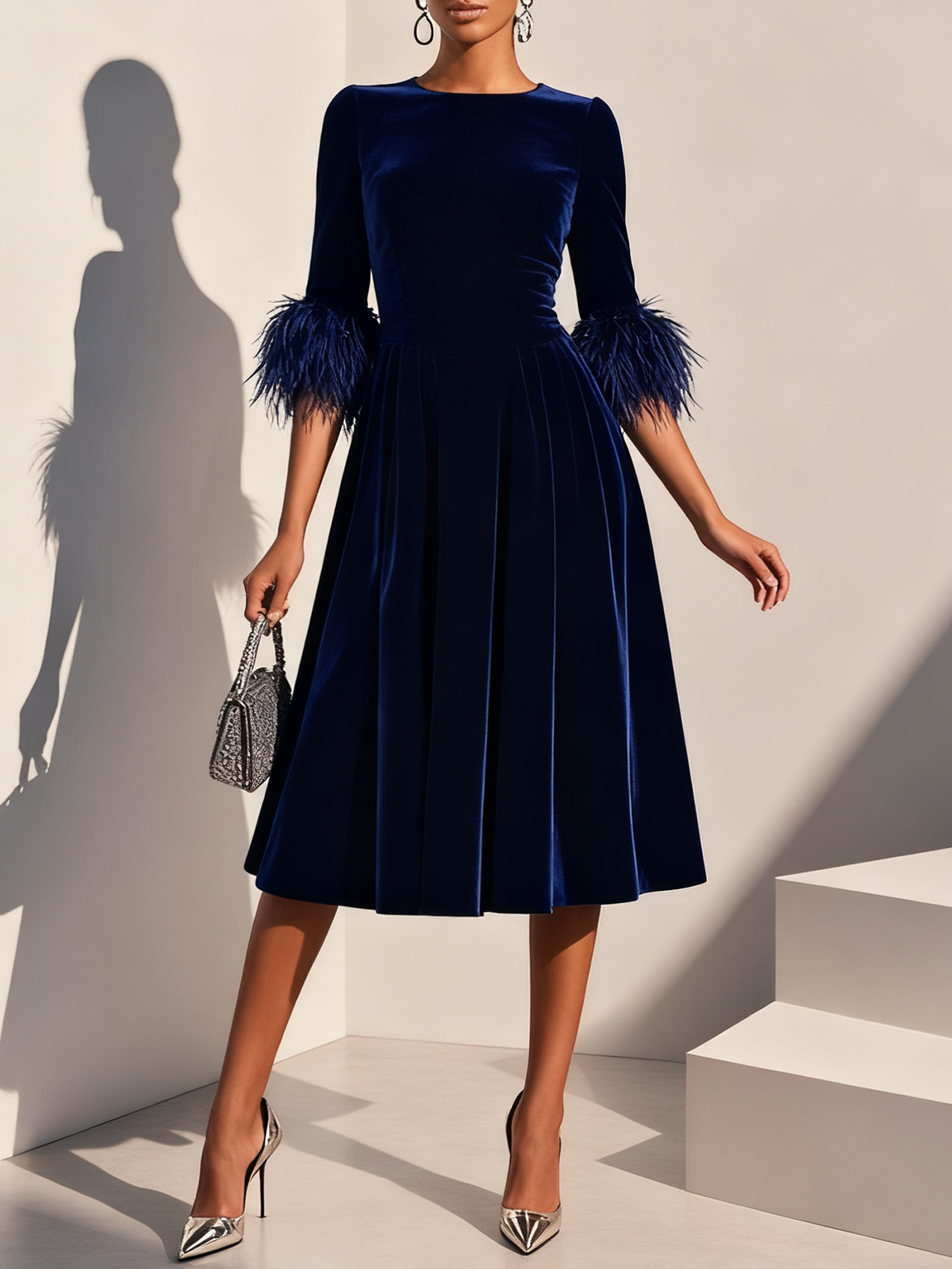 Dark Blue Feather-trimmed Velvet Round Neck Short-sleeved A-line Midi Dress