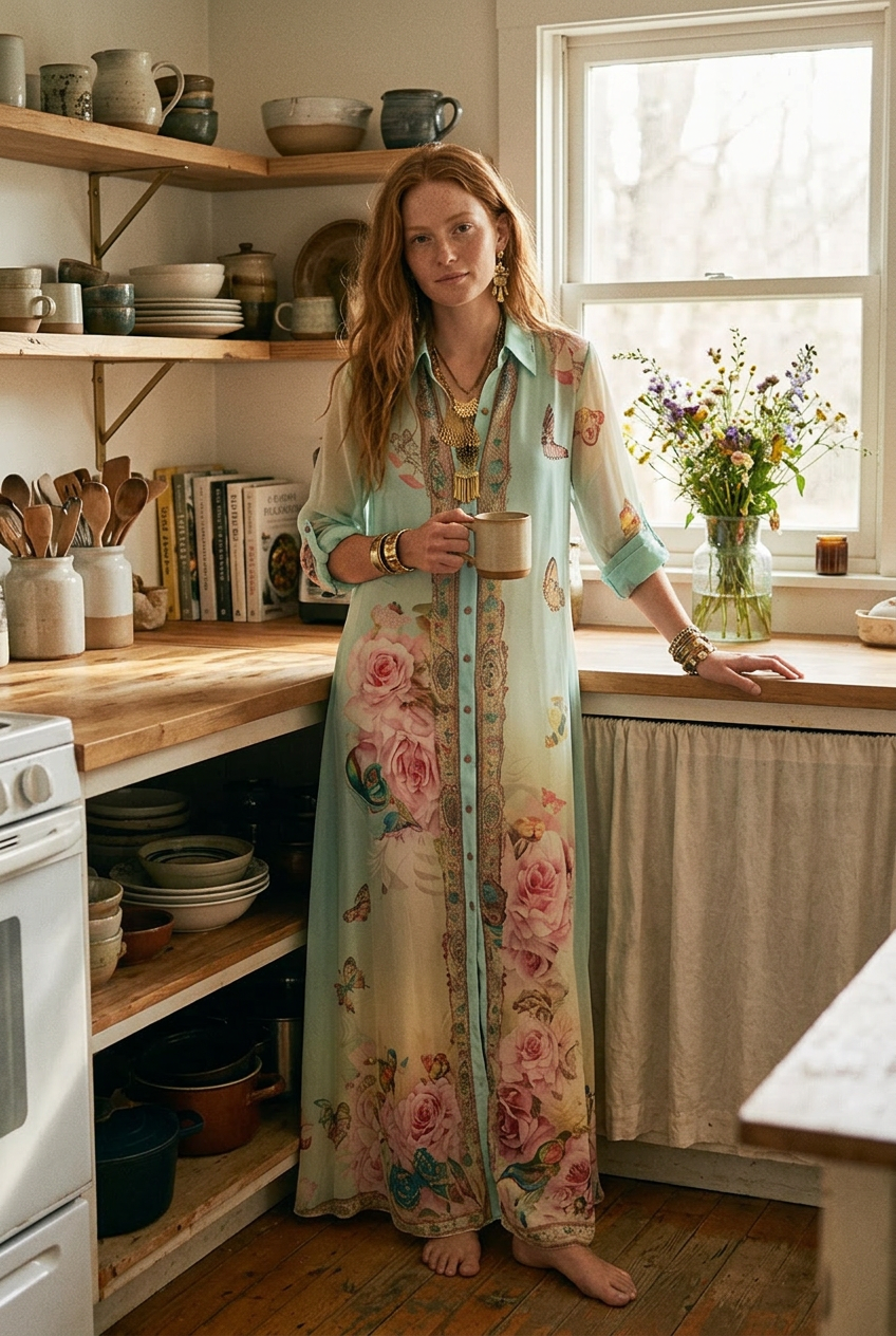 Baroque Style Mint Green Chiffon Floral Maxi Dress