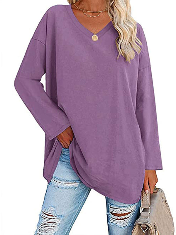 Long Sleeve Loose See-Through Solid Color Split-Joint V-Neck T-Shirts