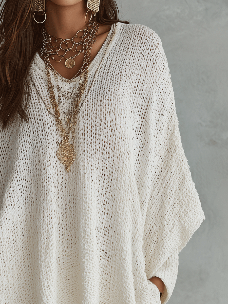 Effortless Neutral Bohemian Pullover Knit Top