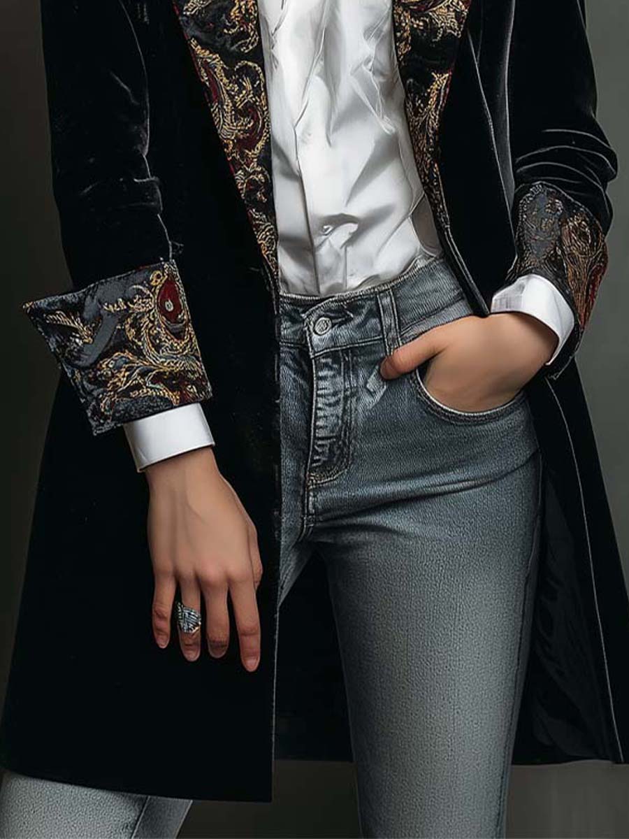 Timeless Vintage Luxury Black Velvet Blazer With Baroque Printed Lapel