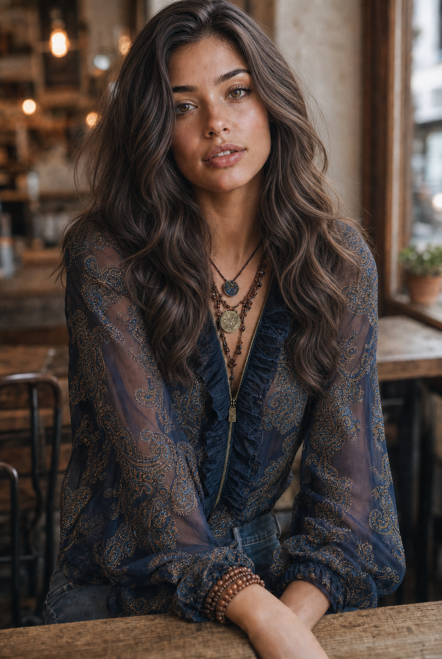 Navy Baroque Paisley Ruffle Zip Chiffon Blouse