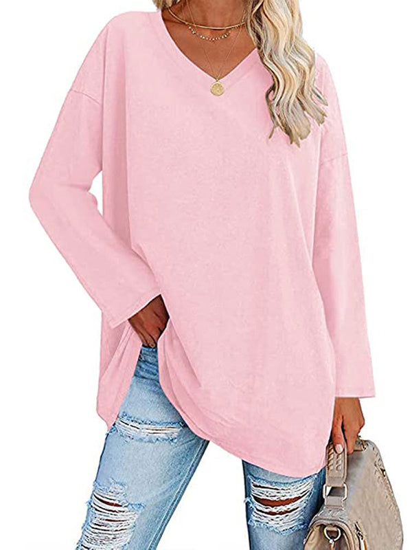 Long Sleeve Loose See-Through Solid Color Split-Joint V-Neck T-Shirts