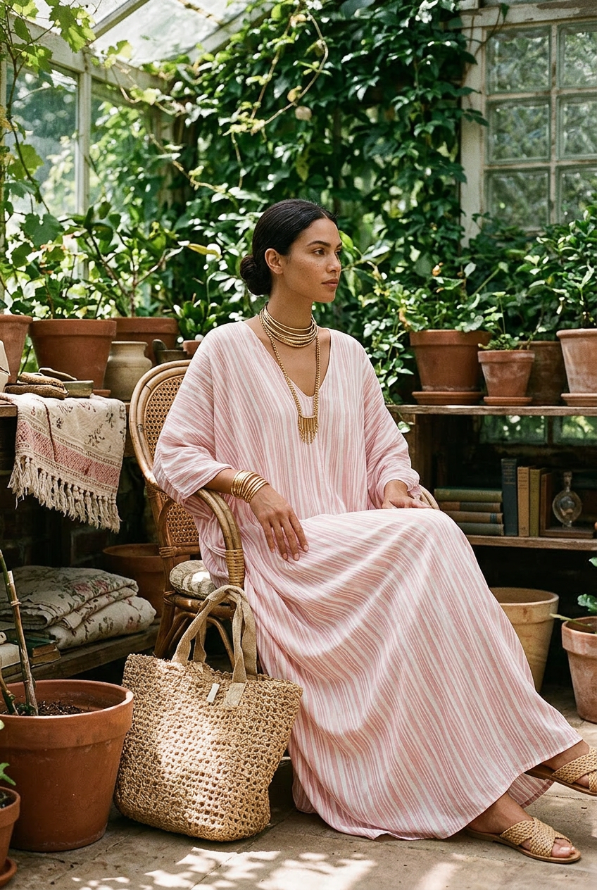Bohemian-style Soft Pink Striped Kaftan Dress