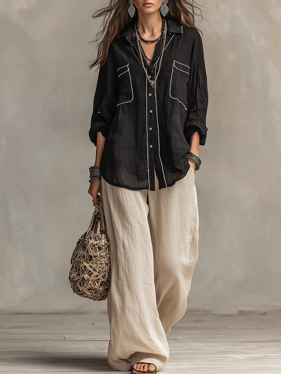 Modern Bohemian Effortless Black Linen Shirt