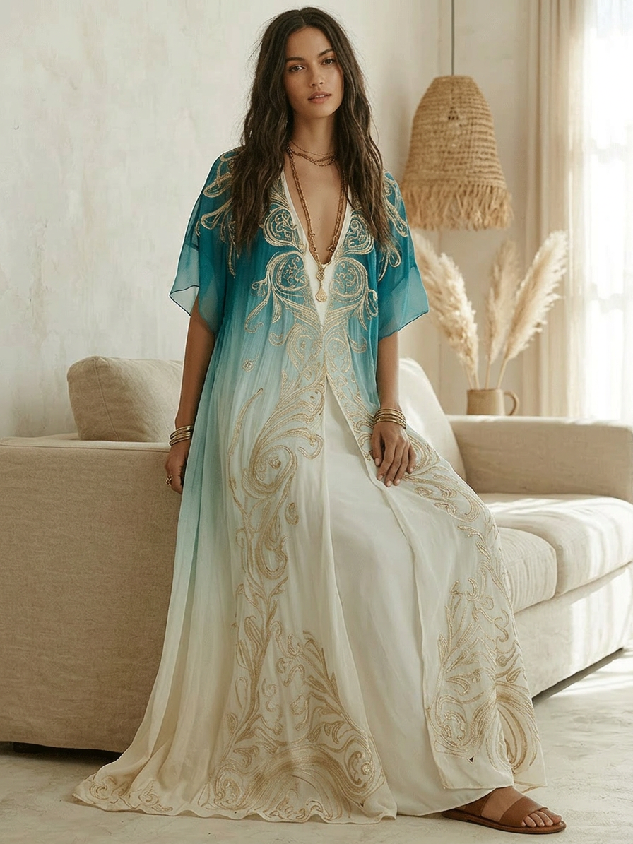 Elegant Coastal Breeze Aqua Ombre Kaftan Maxi Dress