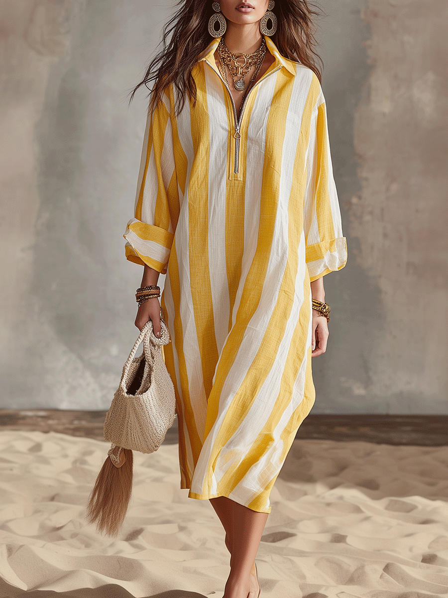 Relaxed Striped Resort Yellow & White Stripe Midi Dress