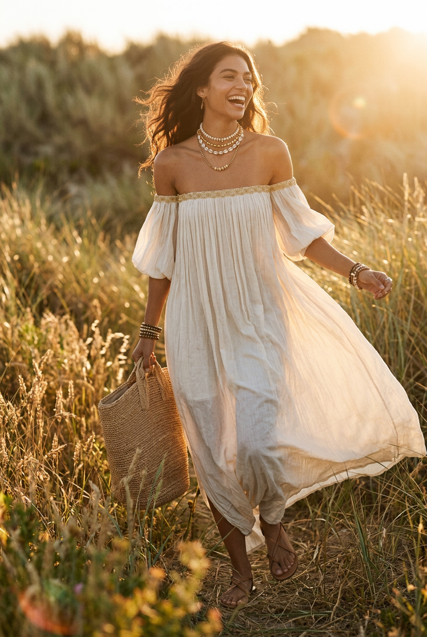 Bohemian Style Off-the-shoulder Pleated Ivory Long Dress