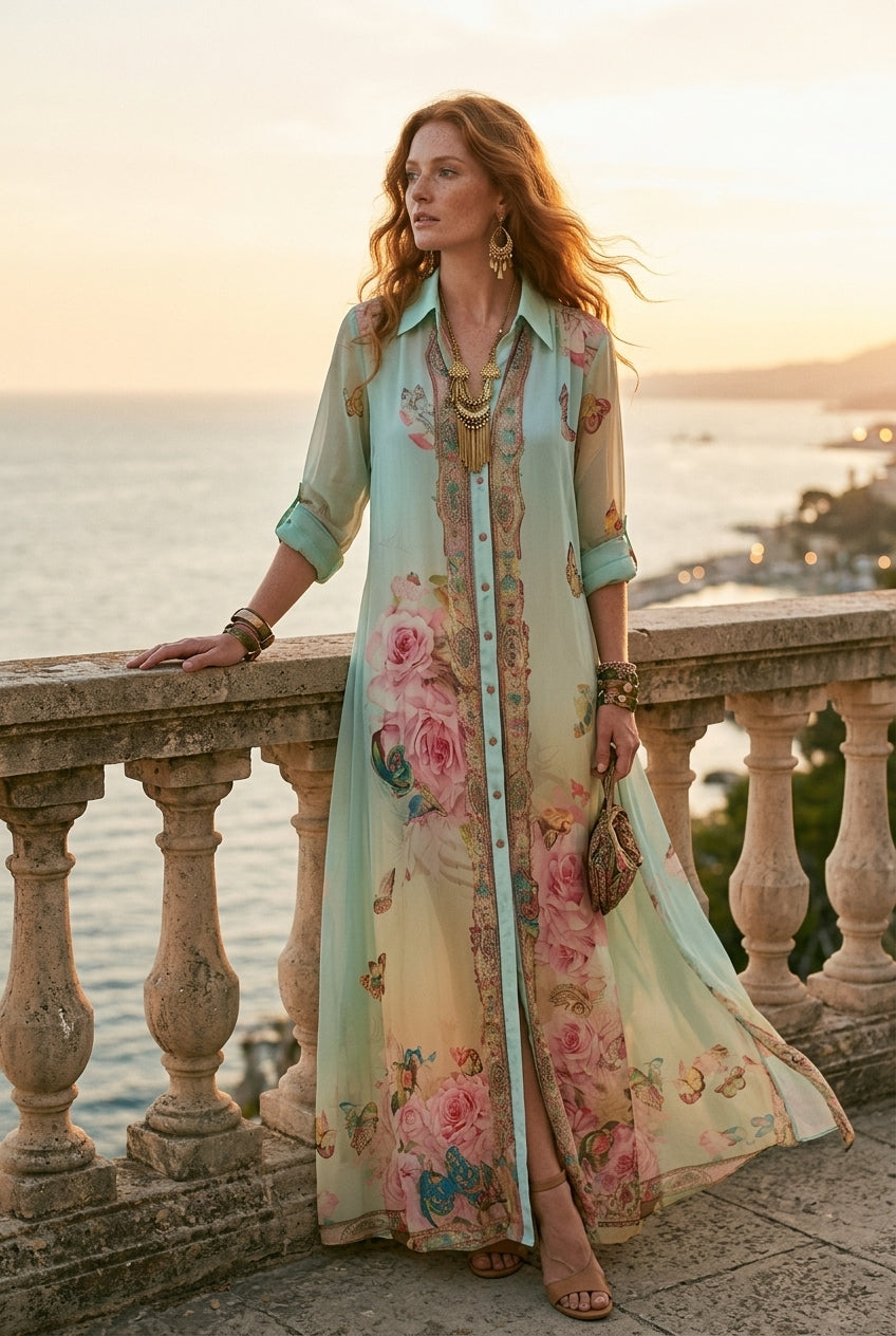 Baroque Style Mint Green Chiffon Floral Maxi Dress