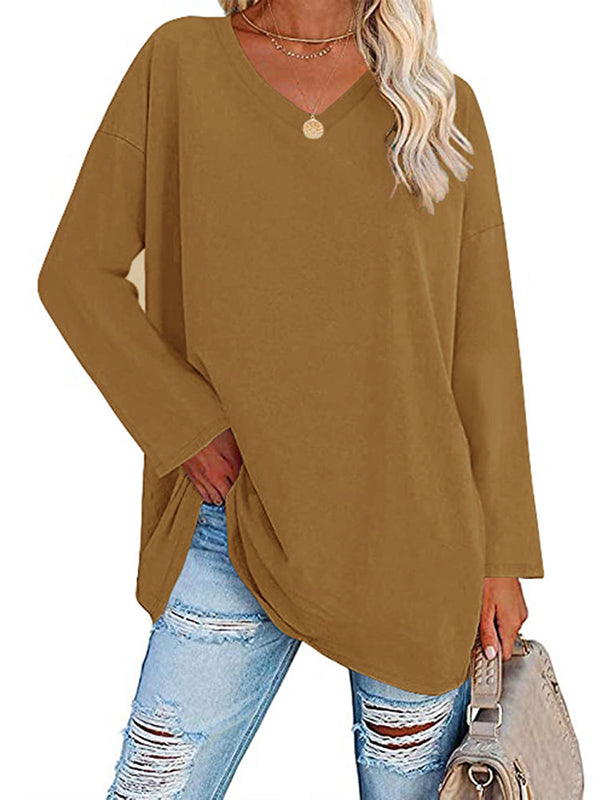 Long Sleeve Loose See-Through Solid Color Split-Joint V-Neck T-Shirts