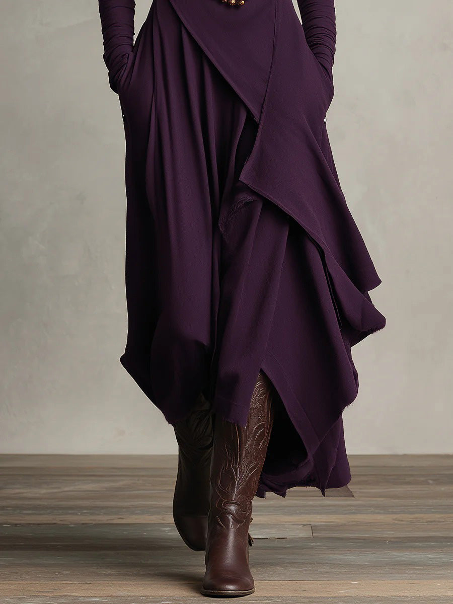 Purple High-Neck Draped Asymmetrical Maxi Dress