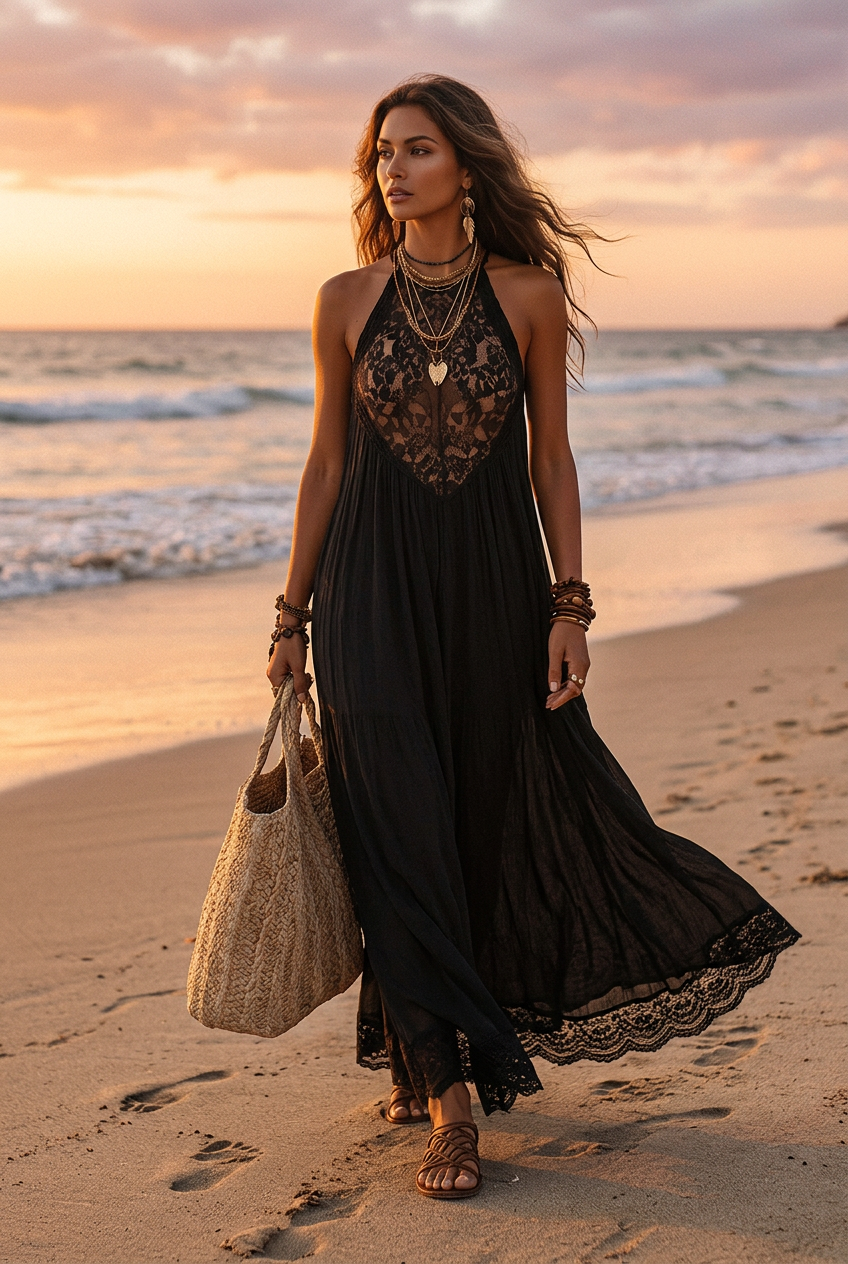 Elegant Bohemian Sleeveless Soft Drape Statement Evening Maxi Dress