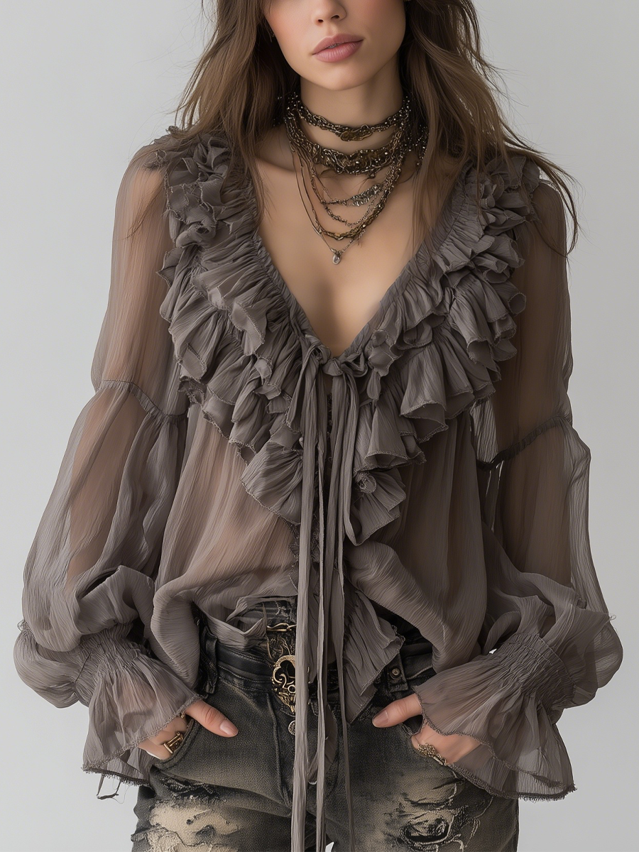 Grey Bohemian Ruffled Shirt