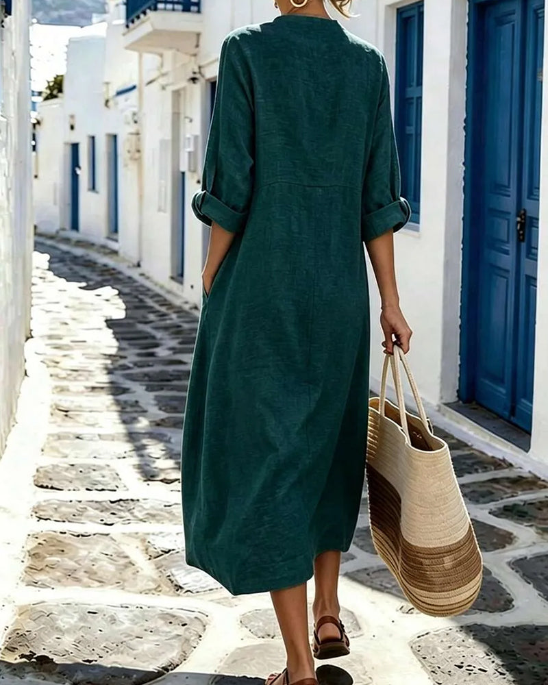 Round Neck Button Pocket Dress