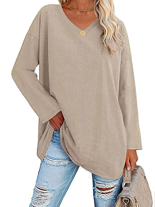 Long Sleeve Loose See-Through Solid Color Split-Joint V-Neck T-Shirts