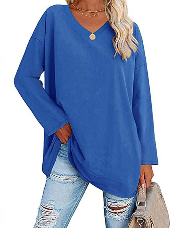 Long Sleeve Loose See-Through Solid Color Split-Joint V-Neck T-Shirts