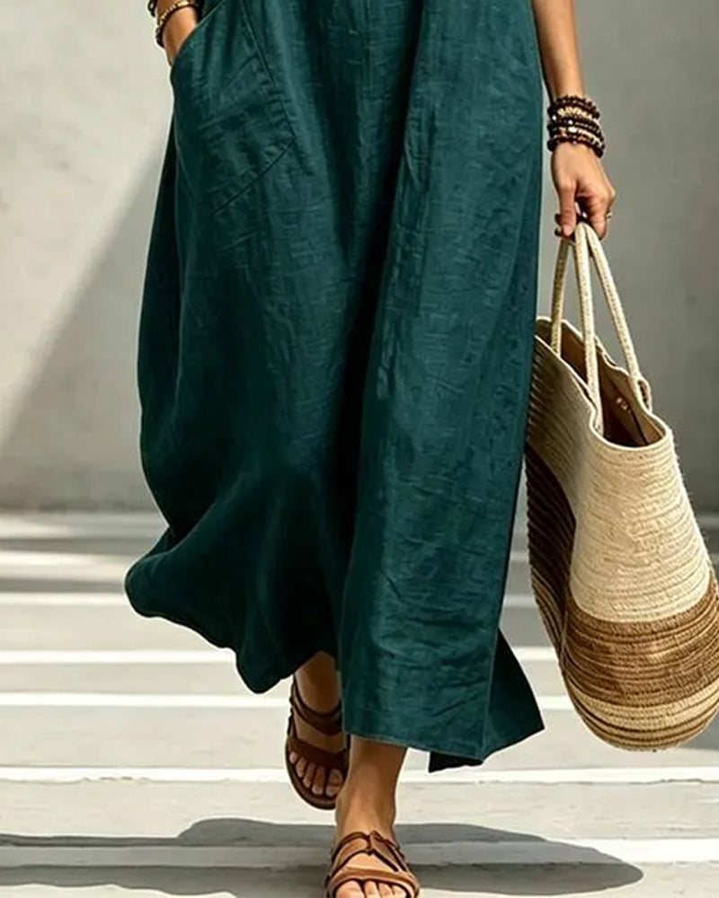 Round Neck Button Pocket Dress