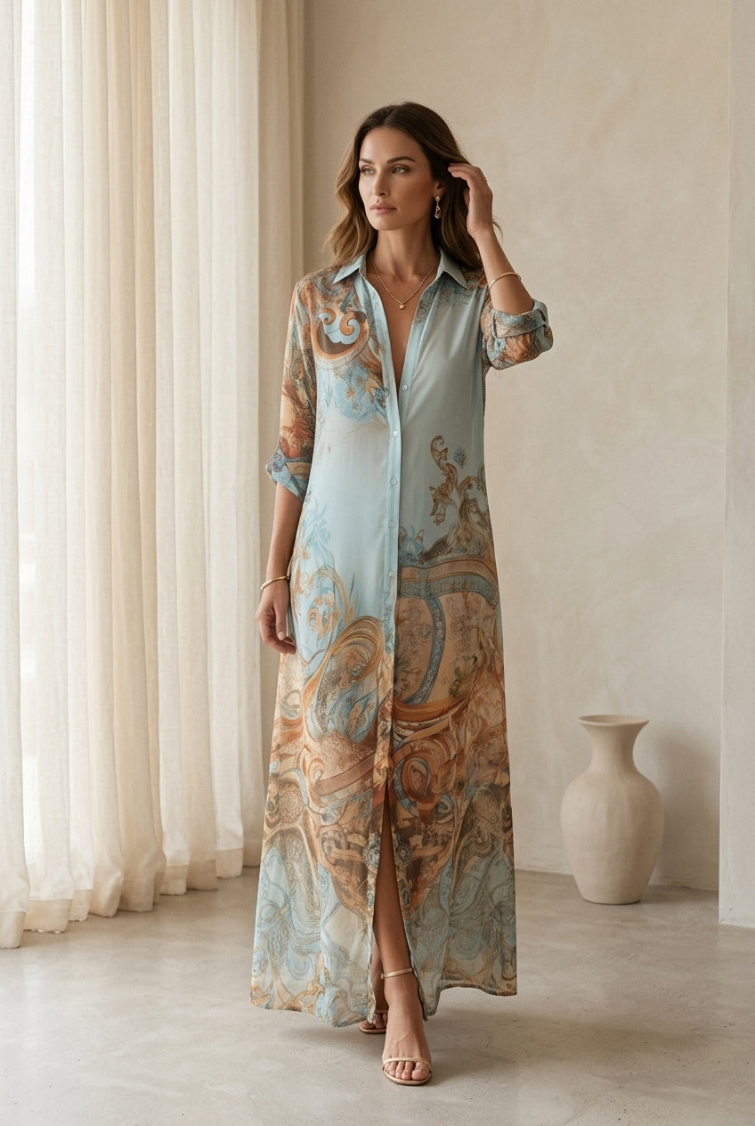 Baroque Style Floral Blue Chiffon Maxi Dress