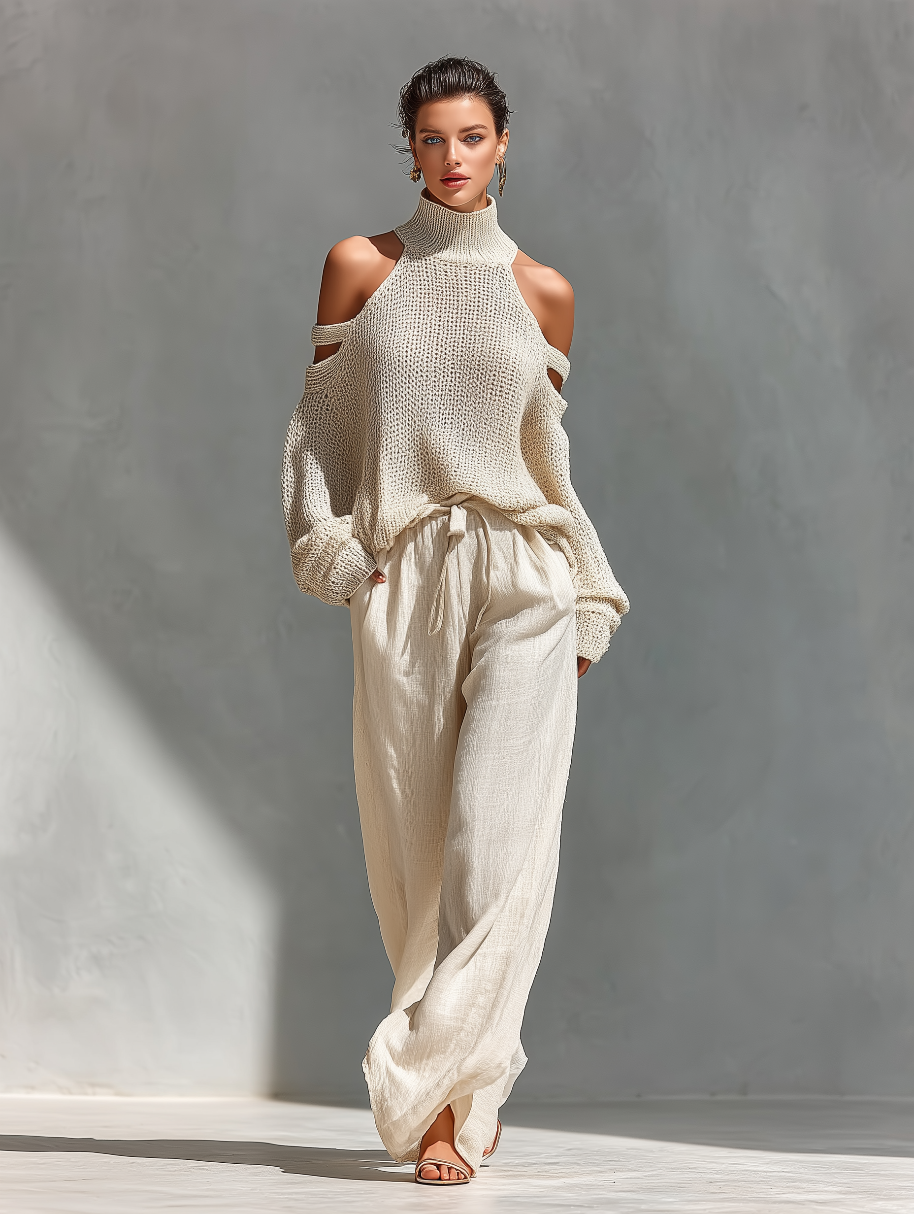 MARIA |  Knit Fabric Cold-Shoulder Turtleneck Top & Wide-Leg Pants Set