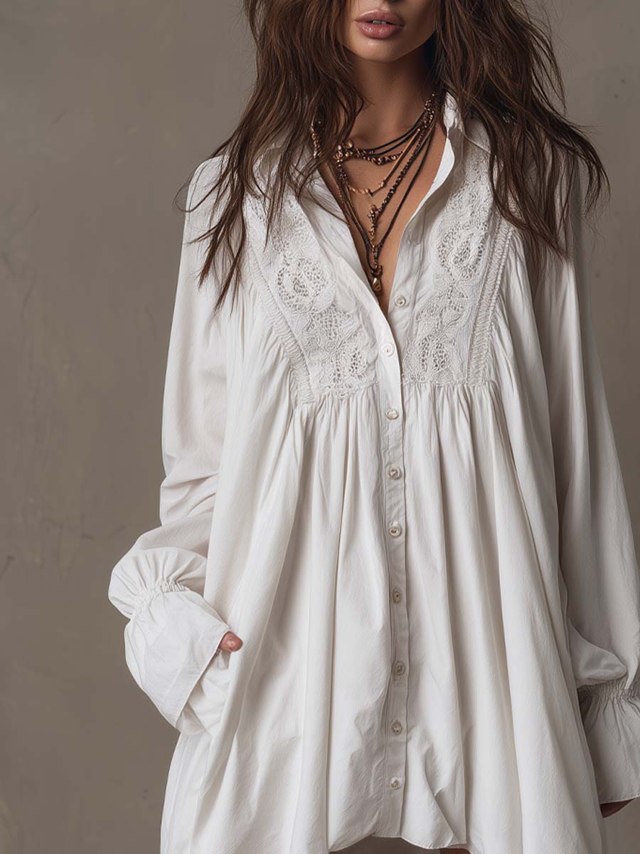Retro Lace Irregular Hem Long Sleeve Mini Dress