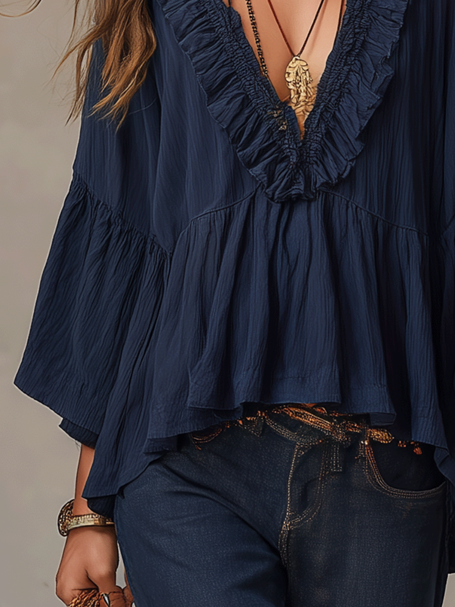 Effortless Deep Blue Ruffle Boho Blouse