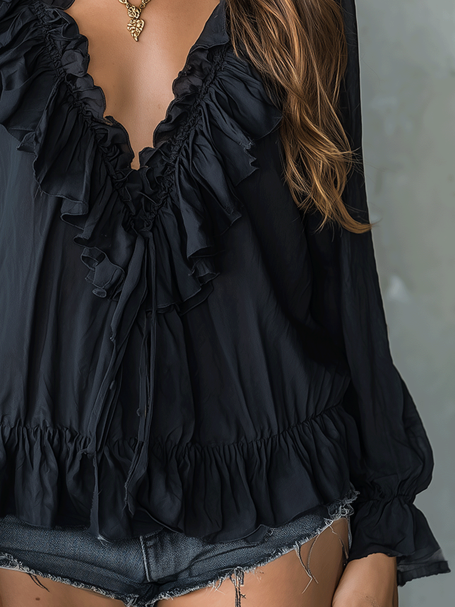 Romantic Bohemian Ruffle Trim V-Neck Lightweight Black Blouse
