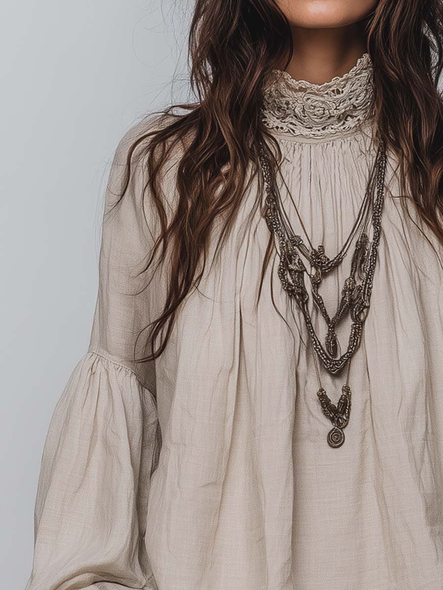 Lace-trimmed Pleated Cotton Linen Blouse