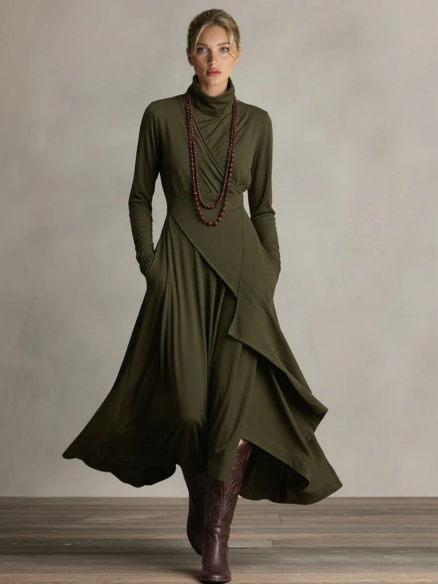 Purple High-Neck Draped Asymmetrical Maxi Dress