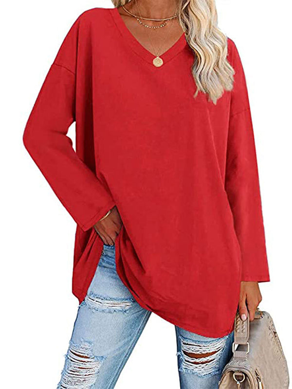 Long Sleeve Loose See-Through Solid Color Split-Joint V-Neck T-Shirts
