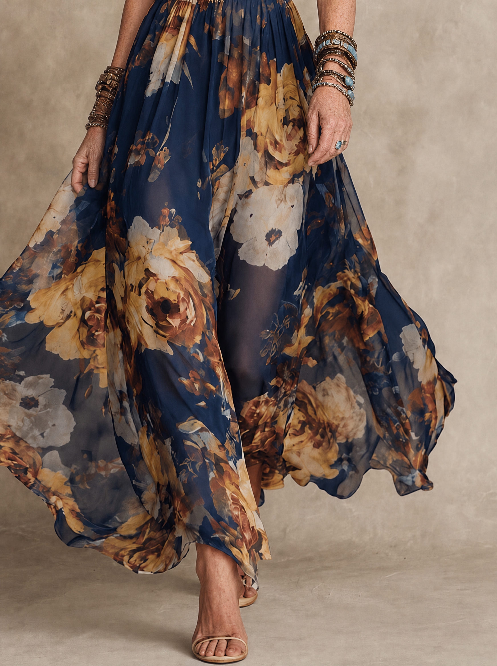 Navy Blue Chiffon Floral Print Spaghetti Strap Maxi Dress