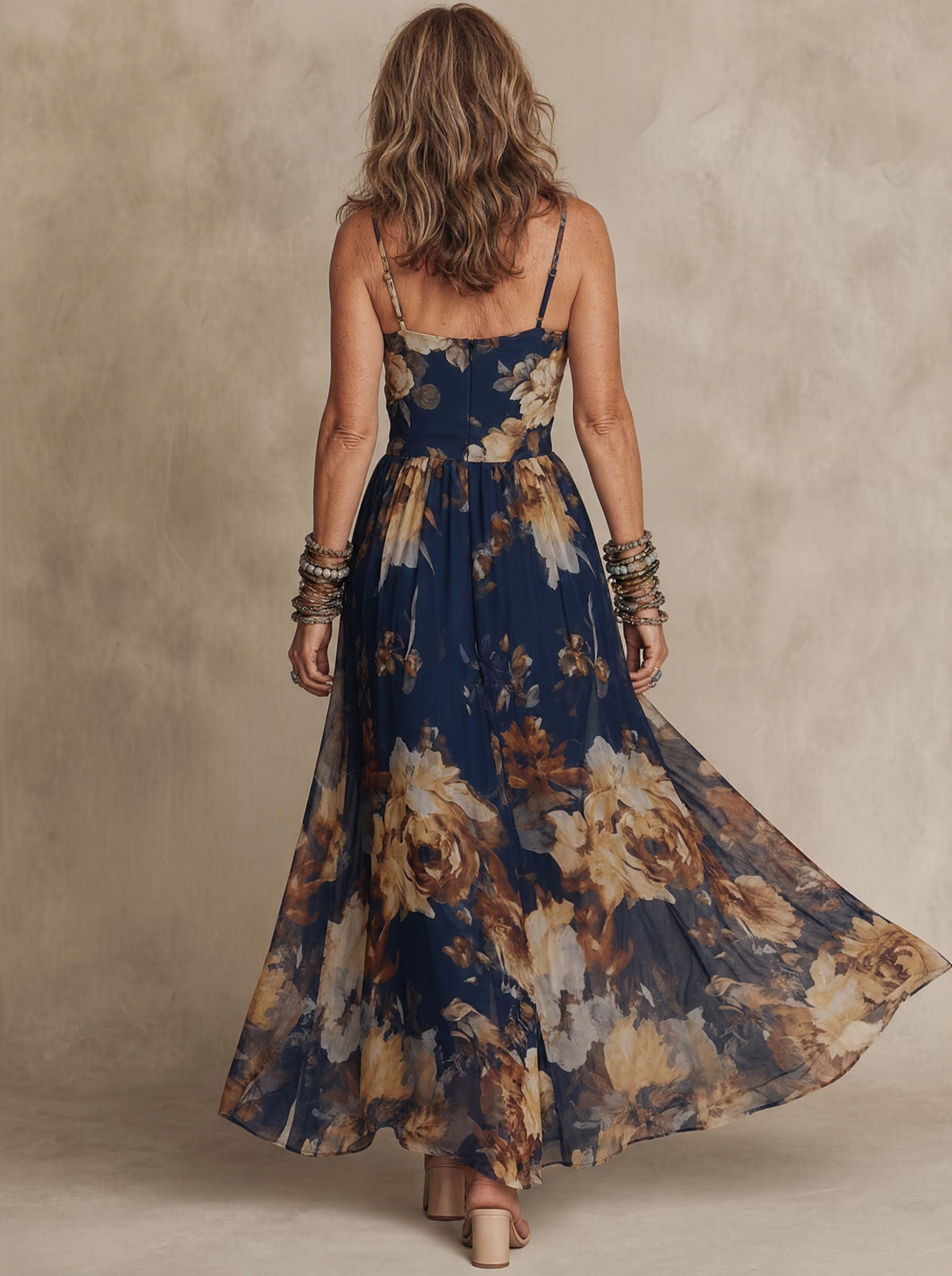 Navy Blue Chiffon Floral Print Spaghetti Strap Maxi Dress