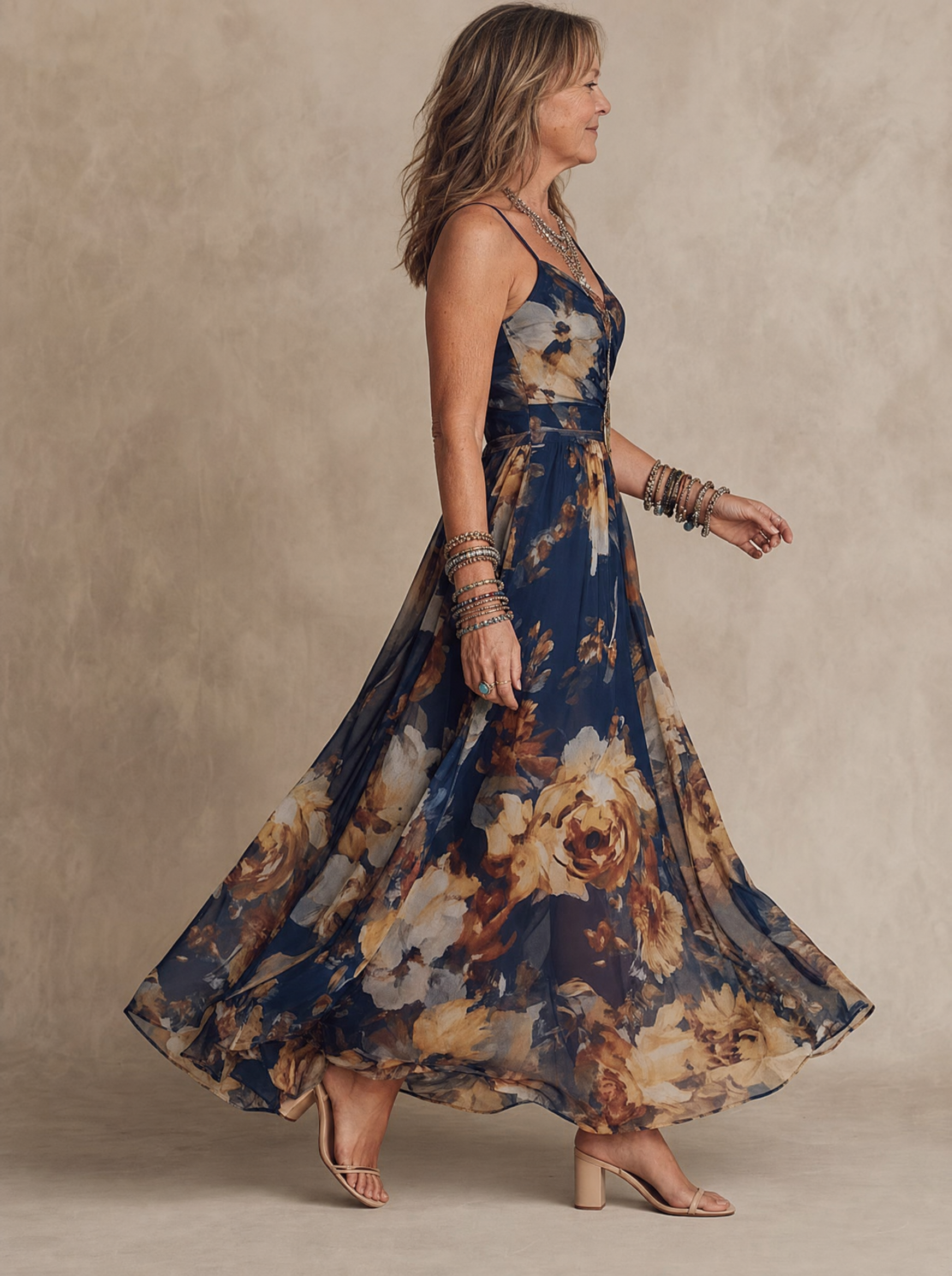 Navy Blue Chiffon Floral Print Spaghetti Strap Maxi Dress