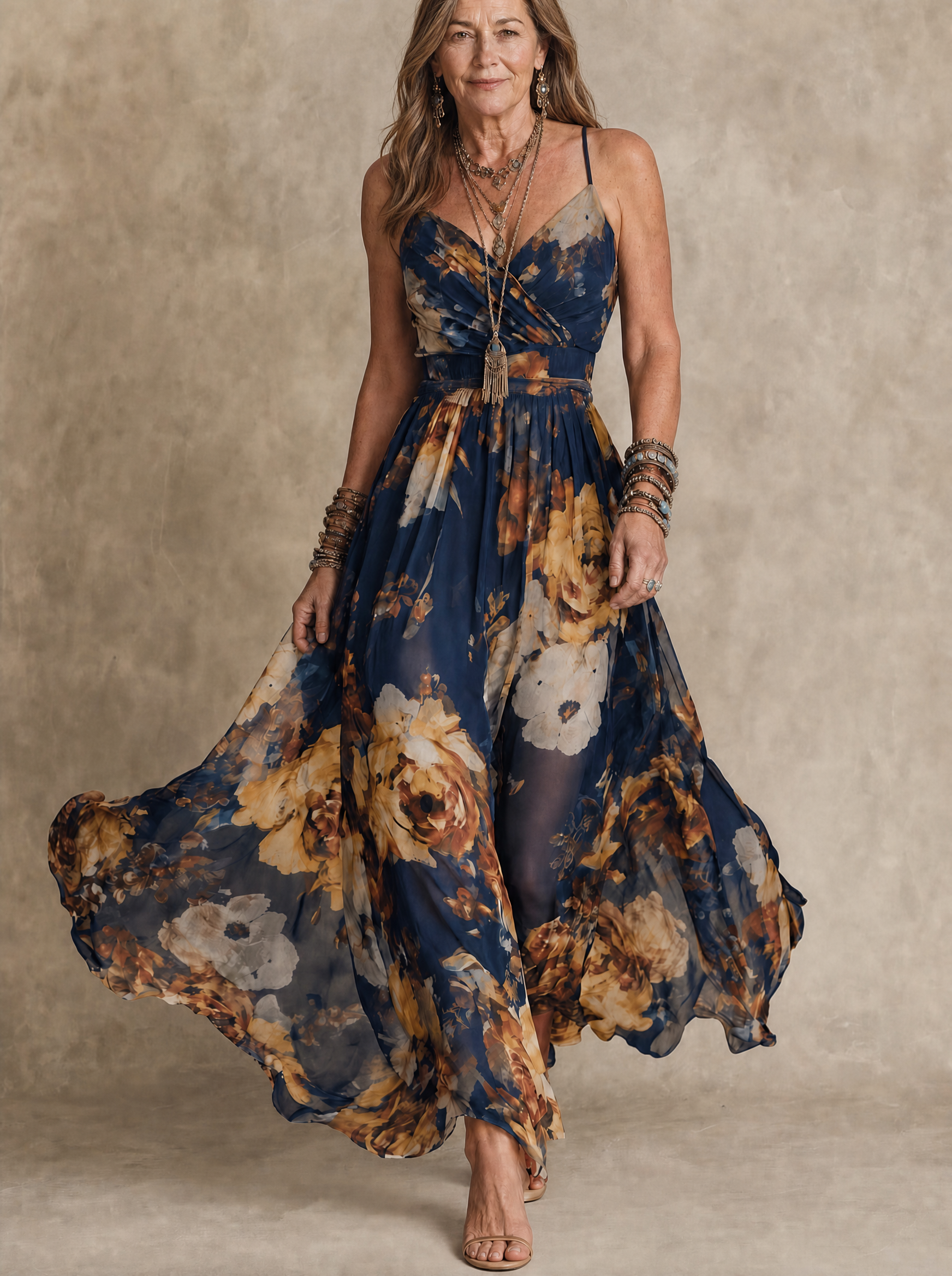 Navy Blue Chiffon Floral Print Spaghetti Strap Maxi Dress