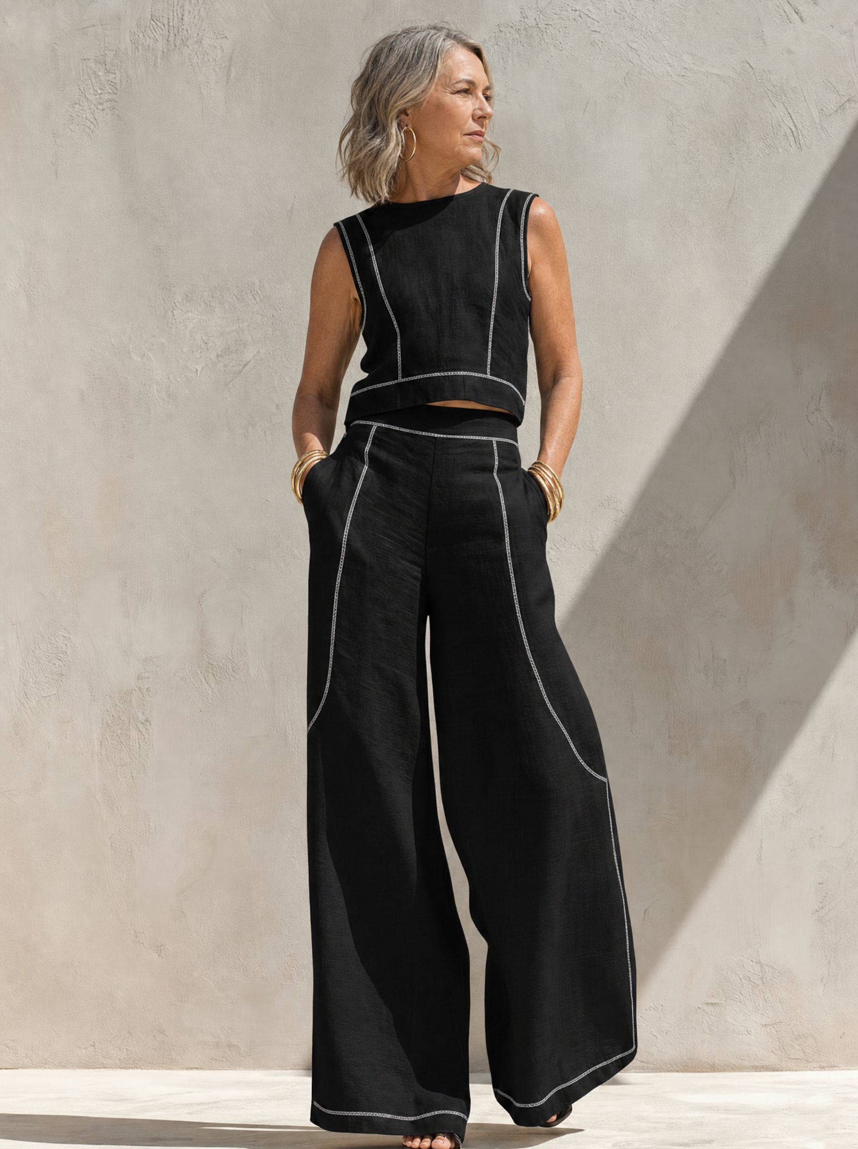 Elegant Contrast-Stitched Pants Set