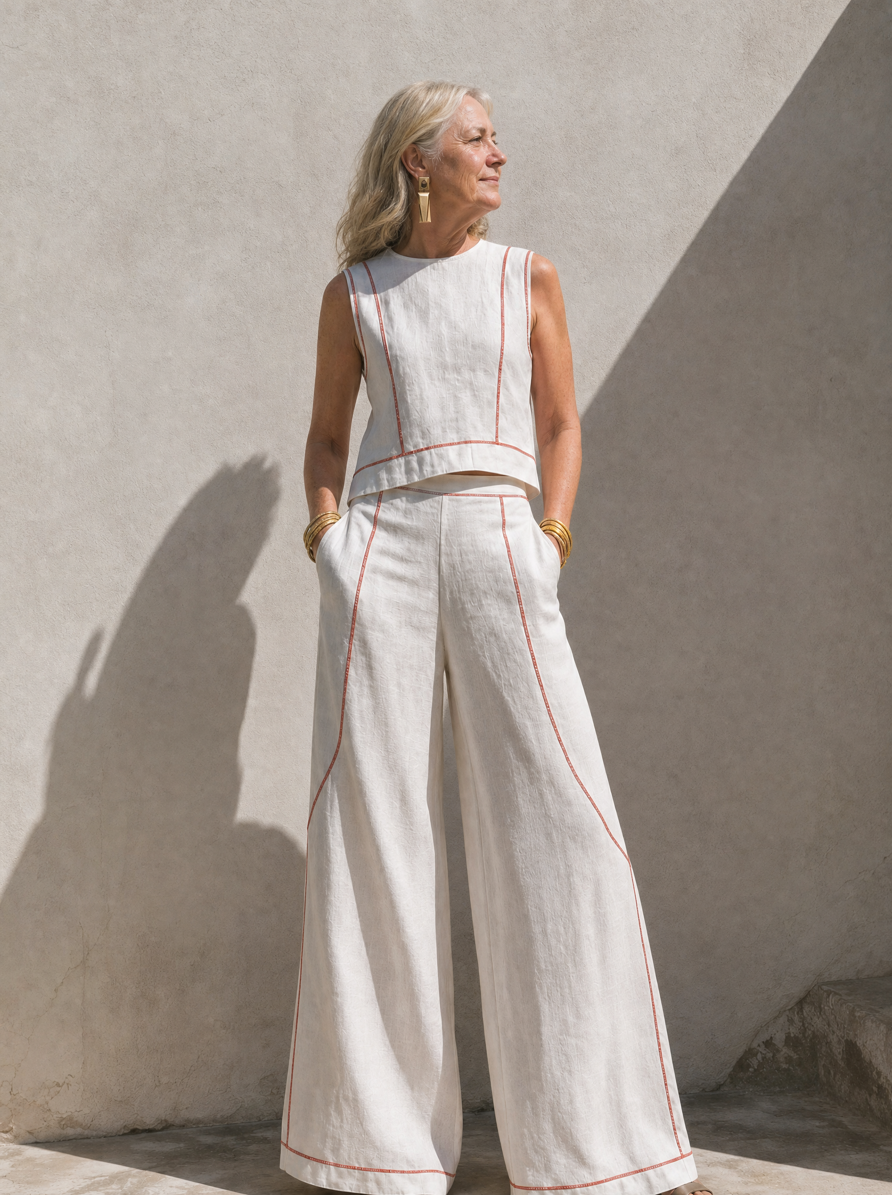 Elegant Contrast-Stitched Pants Set